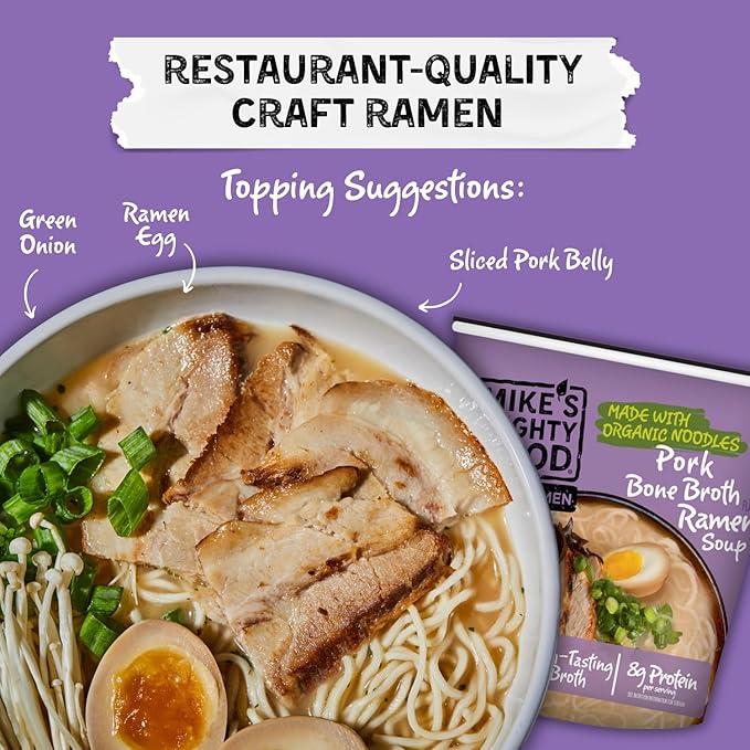 Mike’s Mighty Good Bone Broth Pork Ramen Cup (Pack of 6) – 8g Protein Instant Ramen Noodles – Organic Steamed Non-GMO - Canola Vegetable &amp Palm Oil-Free – Simple Ingredients Ridiculously Rich B