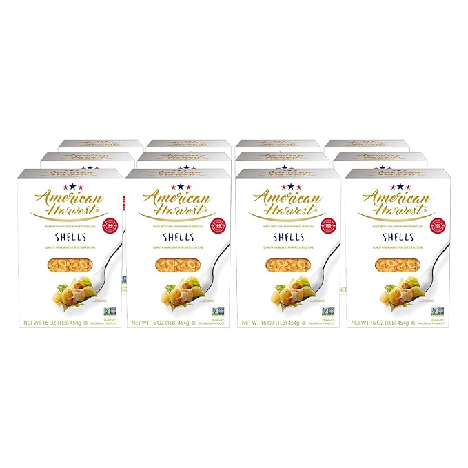 AMERICAN HARVEST Shell Pasta Enriched Durum Wheat 16 oz (12 Pack) | Made in America Non-GMO Fast-Cook Pantry Staple | 100 Years of Pasta-Making Expertise