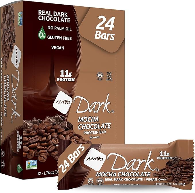 NuGo Dark Chocolate Mocha 11g Protein Bar Vegan Gluten Free Non-GMO Kosher Pareve 24 Count