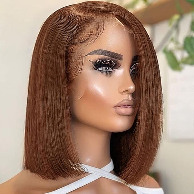 Bob Wig Human Hair 13x4 Chocolate Brown Lace Frontal Wigs Human Hair Straight Short Bob Wigs for Black Women 100% Human Hair Wig Pre Plucked Brown Color 10 Inch