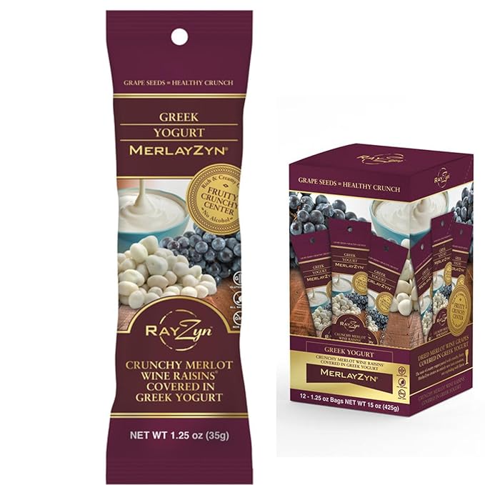 Wine RayZyn® - Greek Yogurt Covered MerlayZyn® - Hand Harvested Dried Merlot Wine Raisins® from Napa Valley enrobed in smooth and creamy Greek Yogurt – The Healthier Raisin with a Natural Crunch - A
