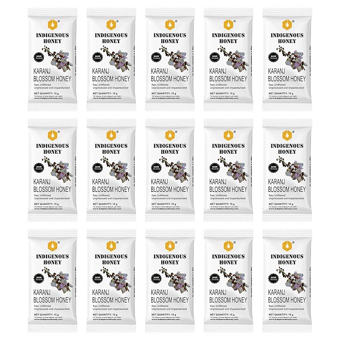 INDIGENOUS HONEY Natural Karanj Honey Organic Raw Pure Unprocessed Added Sugar Free NMR Tested Unpasteurized Unheated 15 Travel Sachets 15g Each Total 225g