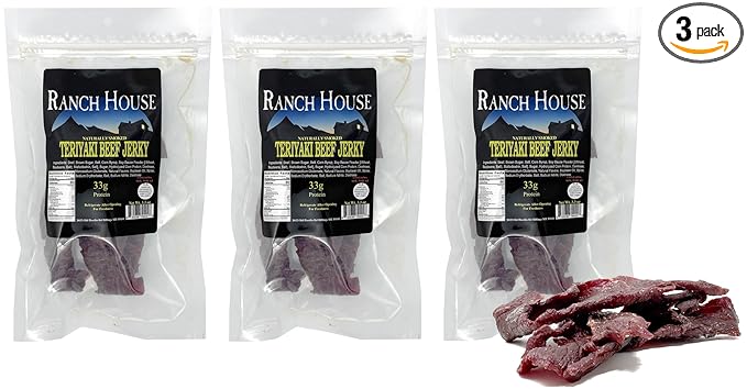 Ranch House Teriyaki Beef Jerky Pack of 3 - Whole-Muscle Montana Beef Strips High Protein Snack Made in USA 3.3 Oz Each