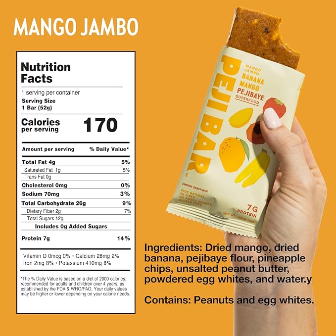PEJI BAR Superfood Energy Bars |Mango Jambo Banana Mango Flavor | Gluten Free 7g Protein Fiber Whole Ingredients No Sugar Added | Adventure Ready Snack 12 Count