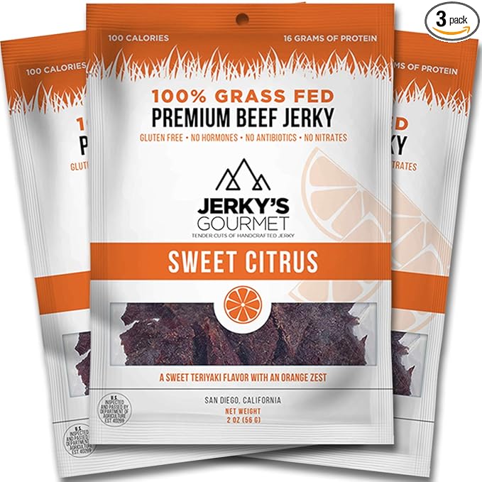 Sweet Citrus Teriyaki Grass Fed Beef Jerky - 100 Calorie Snacks Gourmet Healthy Low Carb High Protein - Keto Friendly &amp Gluten Free (3 Packs)