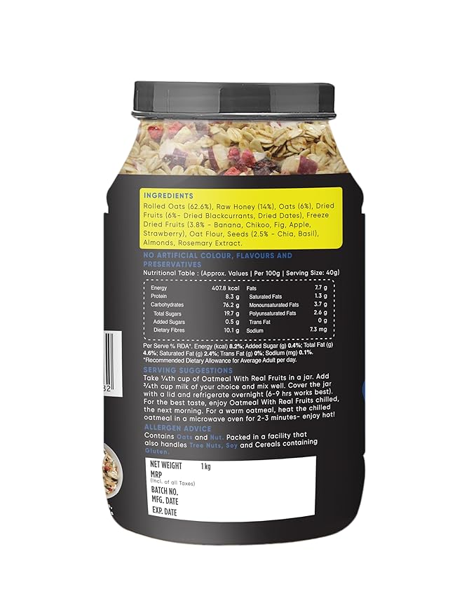 True Elements Whole Oatmeal 1kg - With Chia and Real Fruits Cereal for Breakfast | Diet Food for Weight Loss