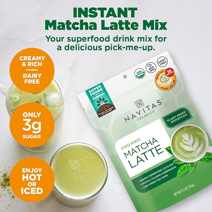 Navitas Organics Instant Matcha Latte Mix – Simple &amp Convenient Blend For Sweet &amp Creamy Latte – Mix With Water – Dairy Free &amp Low Sugar – USDA Organic Non GMO Gluten Free (11.1oz. Bag