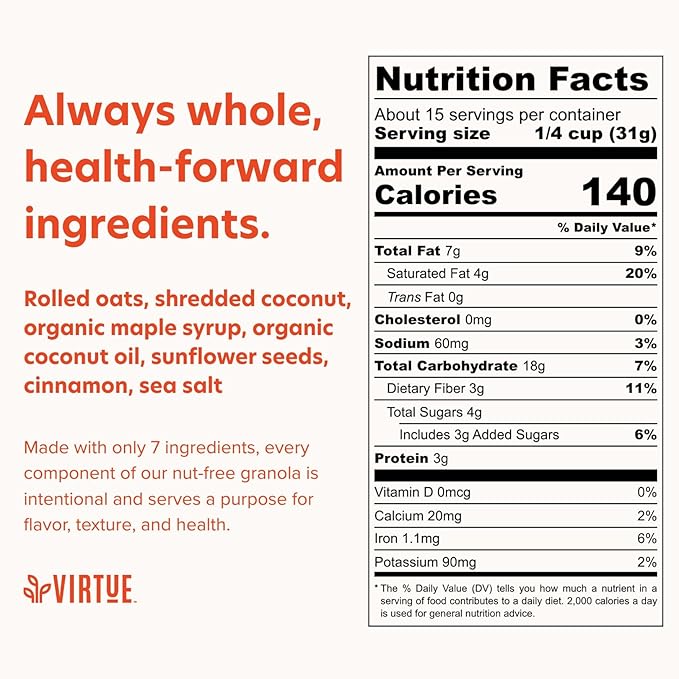 Virtue Foods Bulk Granola Original 5 lb Resealable Bag - Healthy Cereal Topping with Sunflower Seeds Cinnamon Maple Syrup Coconut Oil - Nut Free Gluten Free Soy Free Dairy Free Seed Oil Free V
