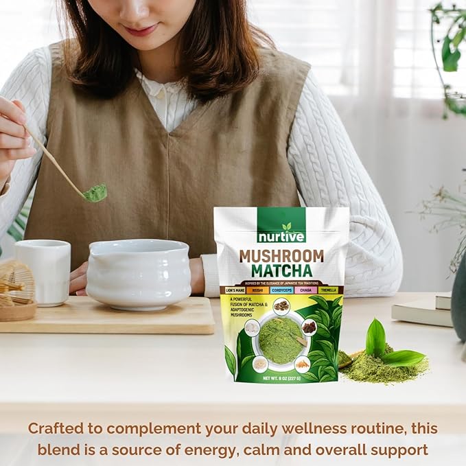 Nurtive Mushroom Matcha Powder - Harmonious Blend of Ceremonial Matcha and Adaptogenic Mushrooms Including Lion's Mane Reishi Cordyceps Chaga and Tremella (8oz / 227g)