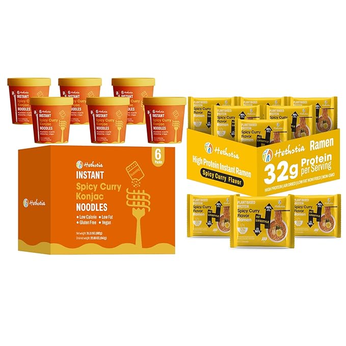 Hethstia Spicy Curry Konjac Pho &amp High Protein Ramen Cup – Vegan Shirataki Noodle Soup + 32g Plant Protein – 6 Pho Cups + 6 Ramen Cups