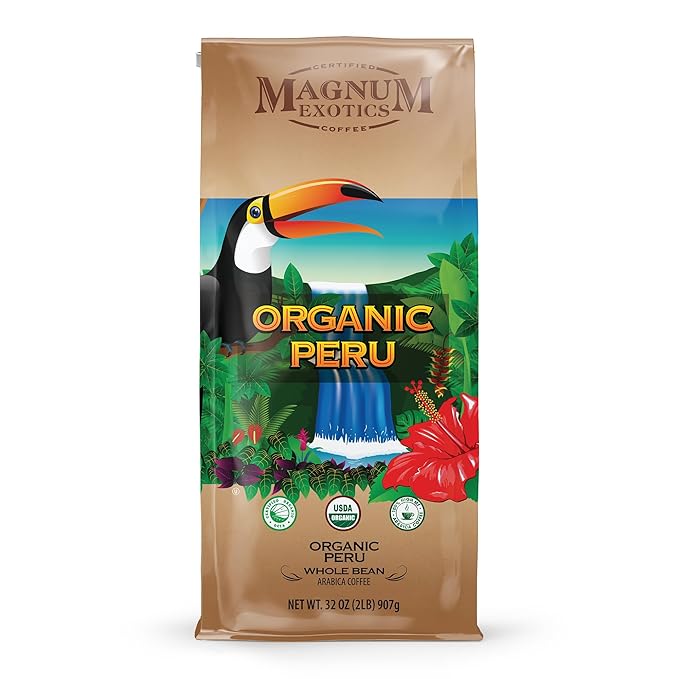 Magnum Exotics Organic Peru Blend Whole Bean Coffee - Coffee Beans Medium Roast Caffeinated Roasted Bulk Brew Rich &amp Smooth Flavor Fresh Roast -32 oz (2 lb) Bag