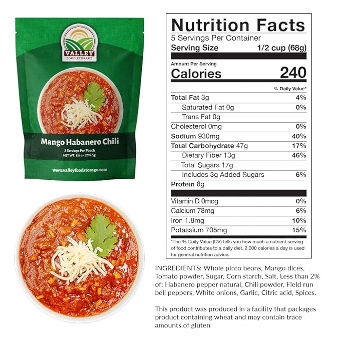 Valley Food Storage Mango Habanero Chili | 10-Bag Bucket 50 Servings | Premium Emergency Food Supply 25 Year Shelf Life | Survival Meal Kits Prepper Food &amp Off-Grid Living Supplies Packaged in