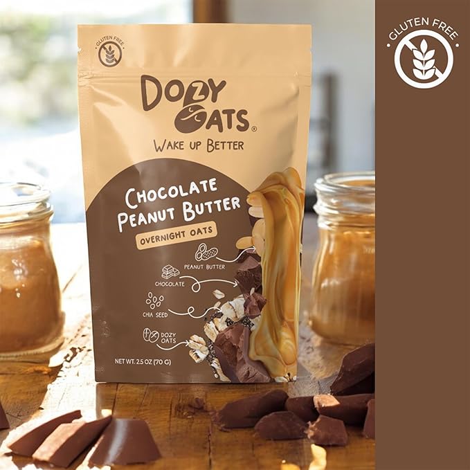Dozy Oats Overnight Oatmeal Packets Chocolate Peanut Butter Multipack with Rolled Oats Chia Seeds and Date Powder. Gluten-Free Natural Source of Protein and Fiber 8-Pack and Jar