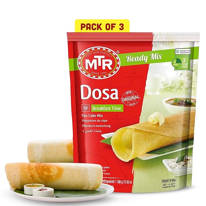 MTR Instant Dosa Mix - Ready to Cook Authentic Indian Breakfast Lunch Dinner or Snack Meal - No Added Preservatives - A Quick &amp Easy Recipe Suitable for Vegetarians - (500g Pack of 3)