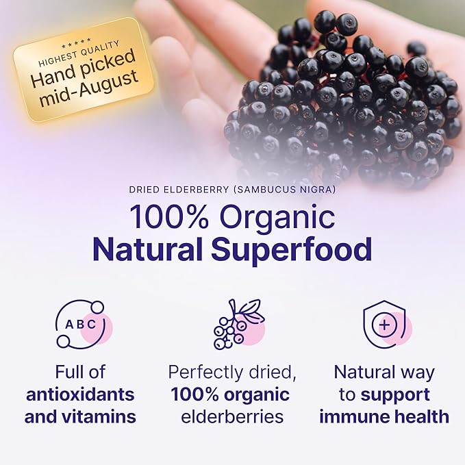 Certified USDA - 100% Organic Dried Elderberries - 1lb Bulk - Non-Irradiated Non-Gmo Whole Black Elderberry Immune Support For Making Elder Syrup Gummies Tea - Raw Vegan Sambucus 1 Pound