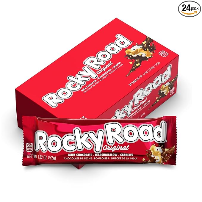 Rocky Road Original Candy Bars 1.8 oz Each Pack of 24 Chocolate and Cashew Nougat Bars Classic Old-Fashioned Sweet Snack Treats