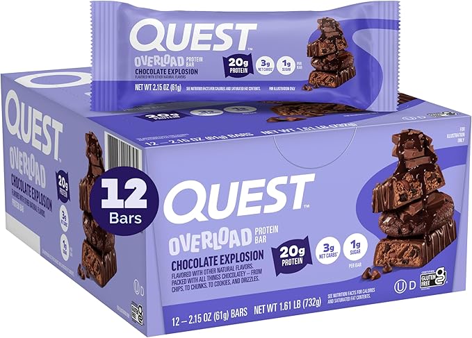 Quest Nutrition Overload Protein Bars Chocolate Explosion 20g Protein 1g Sugar 3g Net Carbs Gluten Free 12 Count
