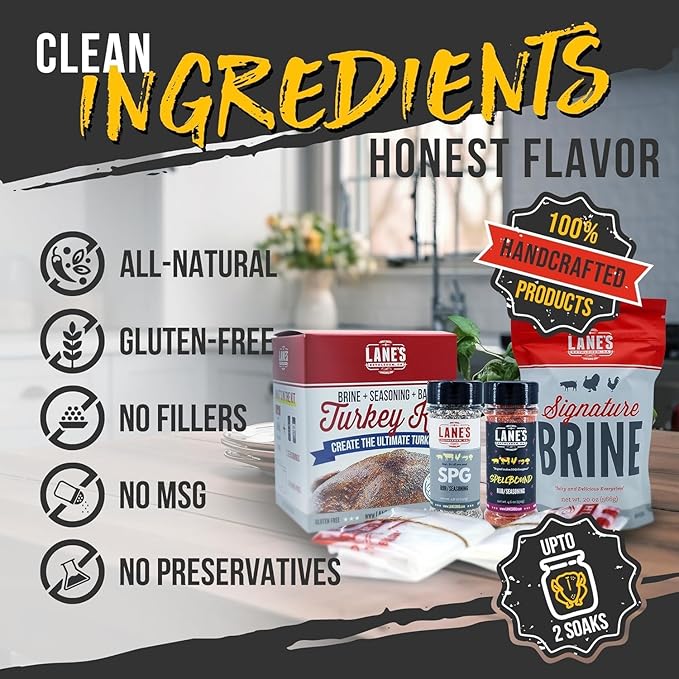 Lane's Ultimate Turkey Brine Kit with Bag - Includes 20 oz Signature Turkey Brine SPG Seasoning Spellbound Rub and 2 XL Brining Bags - For Tender &amp Flavorful Meat - Gluten-Free No MSG Made in