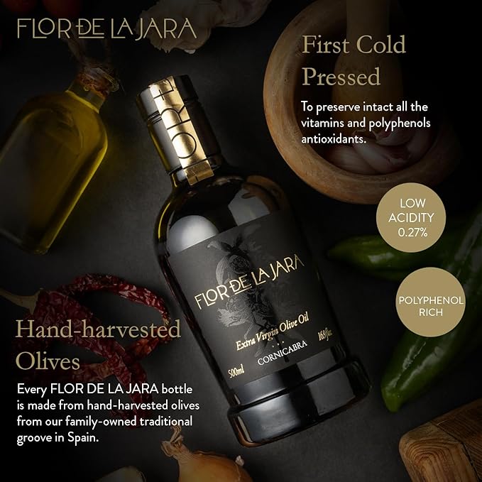 FLOR DE LA JARA Premium Extra Virgin Olive Oil from Spain First Cold Pressed Polyphenol-Rich Monovarietal Cornicabra Hand-Harvested Olives Family-Owned Grove Low Acidity (0.27%) 16.9 fl oz (500