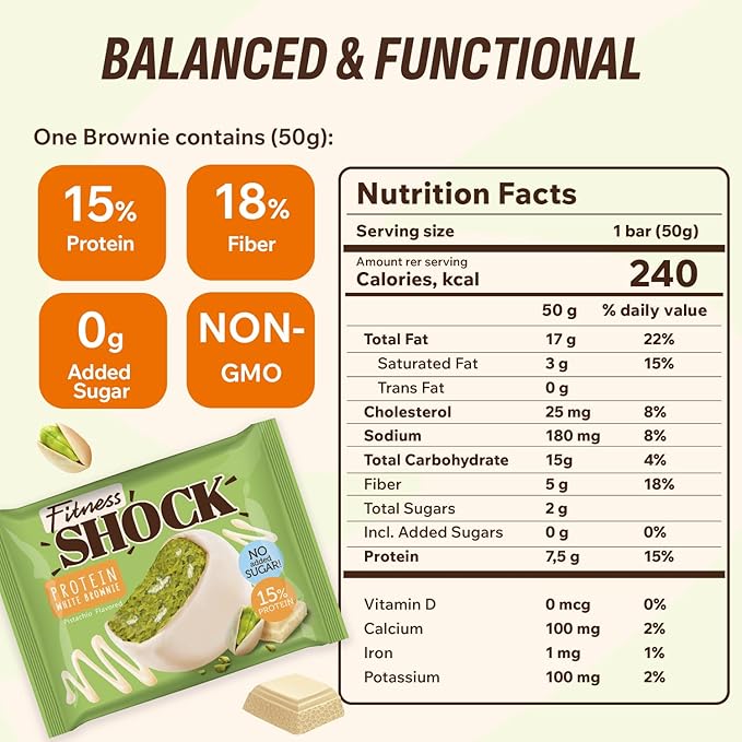 FitnesSHOCK Pistachio White Chocolate Protein Brownie – Low Sugar Dessert Snack (2g Total Sugar No Added Sugar) – Healthy Snack – 10 Count