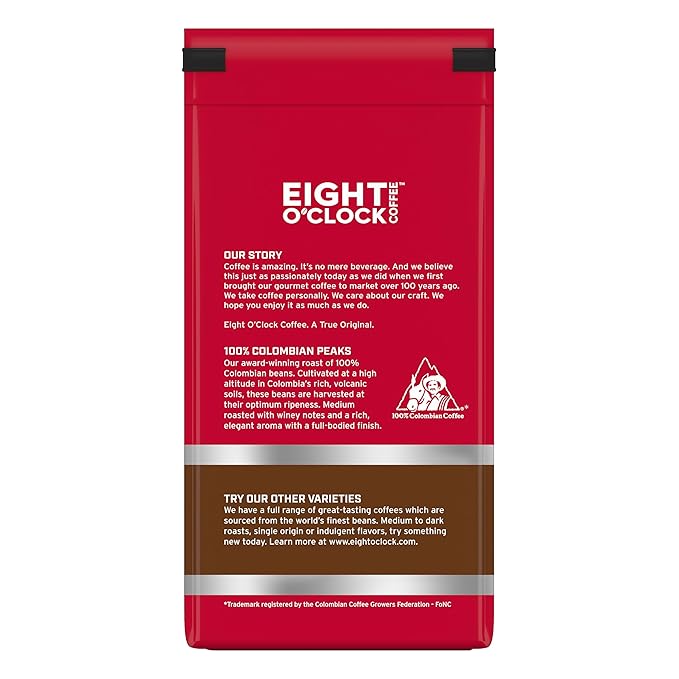 Eight O'Clock Coffee 100% Colombian Peaks Whole Bean Coffee Medium Roast 11 Ounce (Pack of 6) - Rich Winey &amp Full Bodied