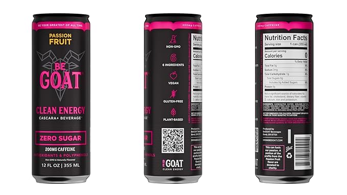BeGOAT Clean Energy | Passion Fruit Zero Sugar | 6 Ingredients Plant-Based Zero Sugar Non-GMO Vegan | 200mg Natural Caffeine | 12 fl oz Cans (Pack of 12)