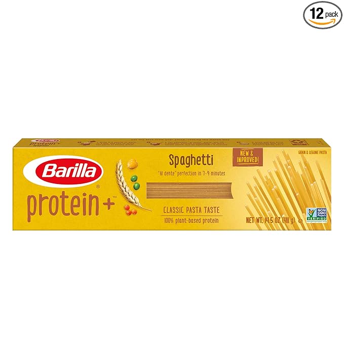BARILLA Protein+ (Plus) Spaghetti | Protein from Lentils Chickpeas &amp Peas | Good Source of Plant-Based Protein | Protein Pasta | Non-GMO | Kosher Certified | 14.5 Ounce Box (7 Servings per Box)