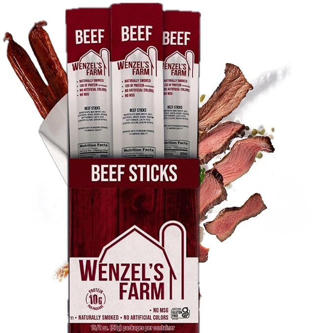 Wenzel’s Farm Beef Sticks │Supports Active Lifestyles │ Flavorful Naturally Smoked │ High Protein Low Carb │ No MSG Fillers Binders Artificial Colors │ Gluten Free | 32 sticks (16 packs of 2)