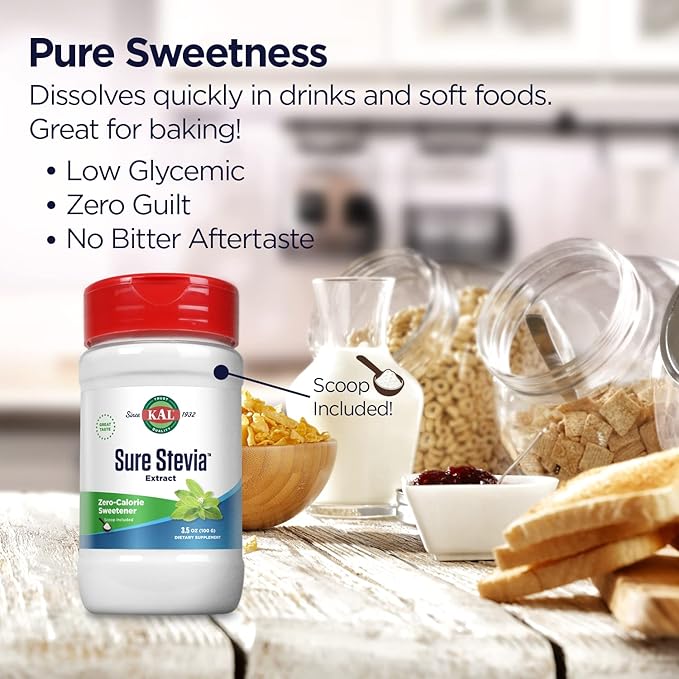 KAL Sure Stevia Extract Powder Low Carb Plant Based Stevia Sweetener Great Taste Zero Calories Zero Sugar Low Glycemic &amp Perfect for a Keto Diet 60-Day Guarantee Approx. 1820 Servings 3.5
