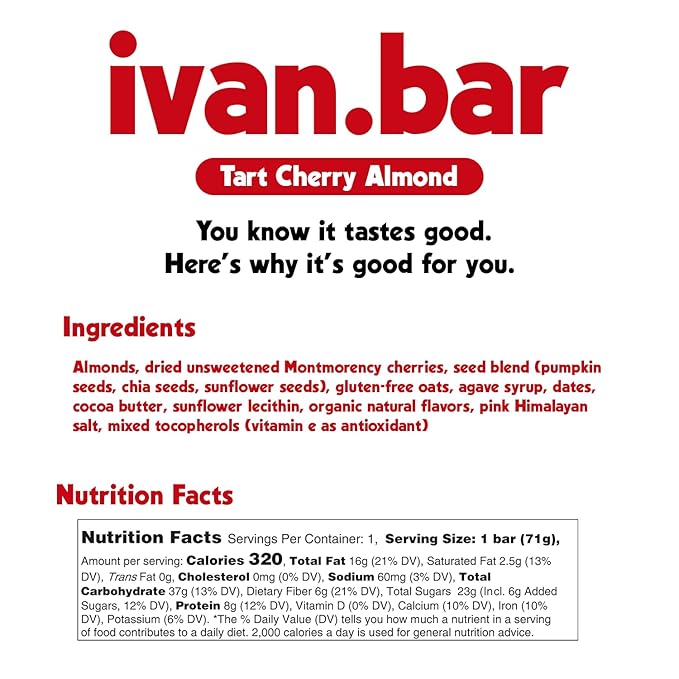Protein Packed Energy Snack Bar | Provides Healthy Energy | Vegan All Natural Ingredients | Soy Dairy &amp Gluten Free (Tart Cherry - 12-2.5 Oz. Bars)