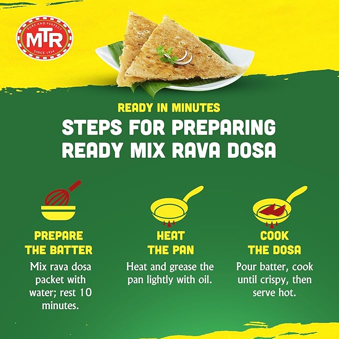 MTR Instant Rava Dosa Mix - Ready to Cook Authentic Indian Breakfast Lunch Dinner or Snack Meal - No Added Preservatives - A Quick &amp Easy Recipe Suitable for Vegetarians - (500g Pack of 3)