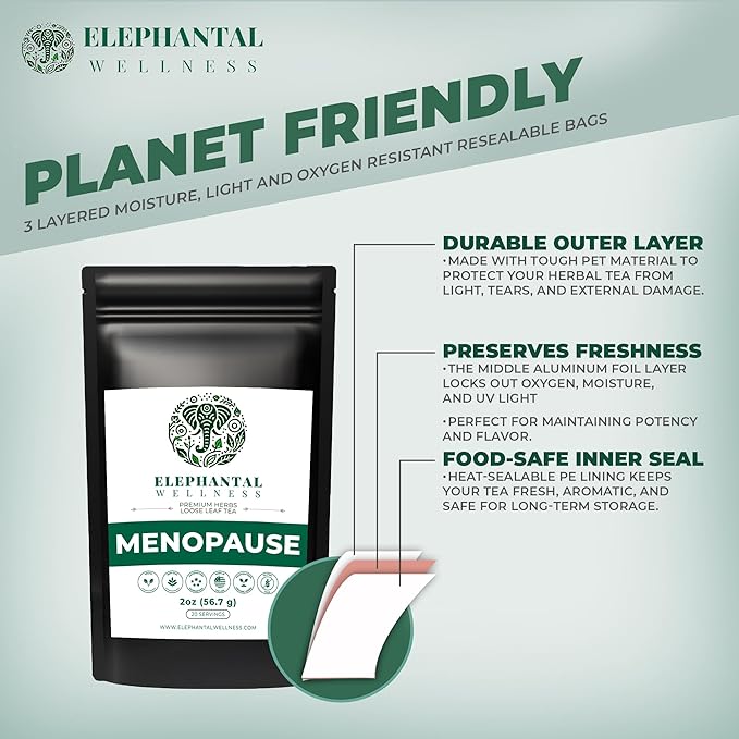 Elephantal Wellness Premium Menopause Herbal Tea | Hormonal Balance &amp Hot Flash Support with Chaste Berry Red Clover Black Cohosh &amp Valerian | Handmade Caffeine-Free Non-GMO Loose Leaf Ble