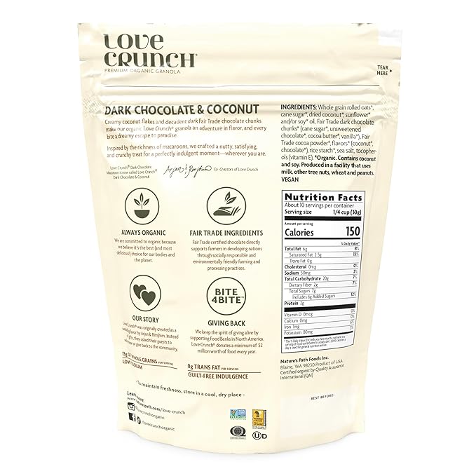 Love Crunch Organic Dark Chocolate &amp Coconut Granola 11.5 oz (Pack of 6) Non-GMO Fair Trade by Nature's Path