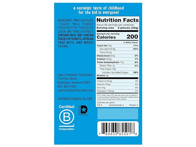 LAKE CHAMPLAIN CHOCOLATES Organic Milk Chocolate Square 0.4 OZ
