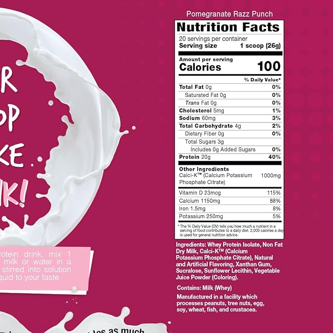 Bariatric Eating Inspire Pomegranate Razz Punch 20g Whey Protein Isolate Powder with Calcium (20 Servings)