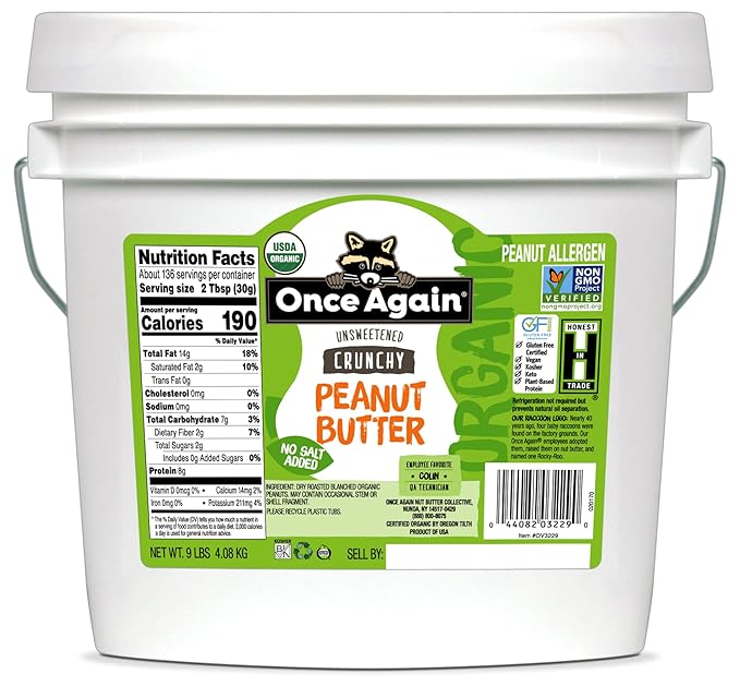 Once Again Organic Crunchy Peanut Butter 9lbs (same as 9 jars) - Salt Free Unsweetened - USDA Organic Gluten Free Certified Vegan Kosher