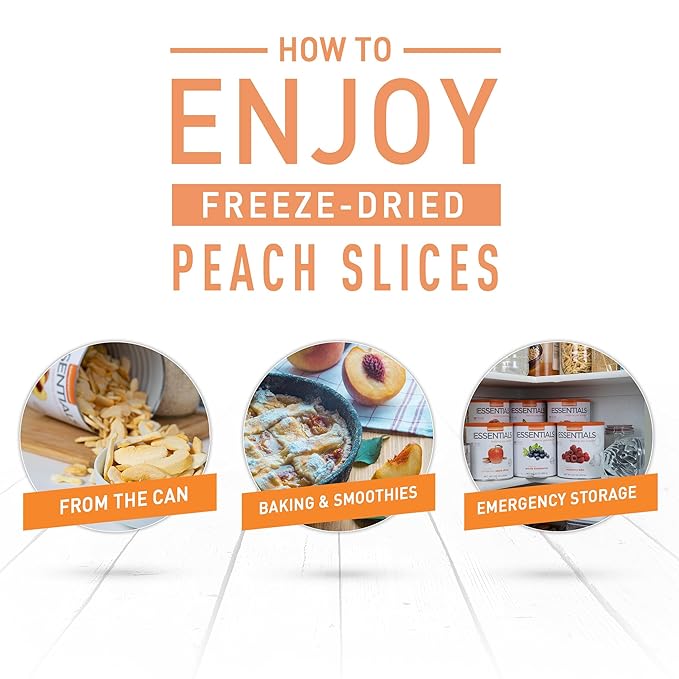 Emergency Essentials Freeze-Dried Peach Slices #10 Can Freeze-Dried Fruit Freeze-Dried Peaches Peach Rings Snacks Emergency Food Cans 30-Year Shelf Life Food