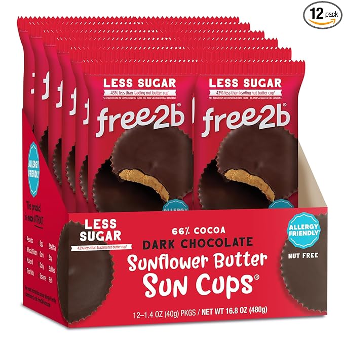 Free2b Sunflower Butter Sun Cups Safe for School and Allergy Friendly Gluten-Free Dairy-Free Nut-Free and Soy-Free Dark Chocolate 2-Cup Packages (Pack of 12)