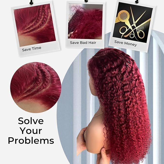 250% Density Burgundy Wig Human Hair 13X4 99j Burgundy Lace Front Wigs Human Hair 13x4 Braided Wigs For Black Women HD Deep Wave Curly Human Hair Wig with Baby Hair 28 Inch