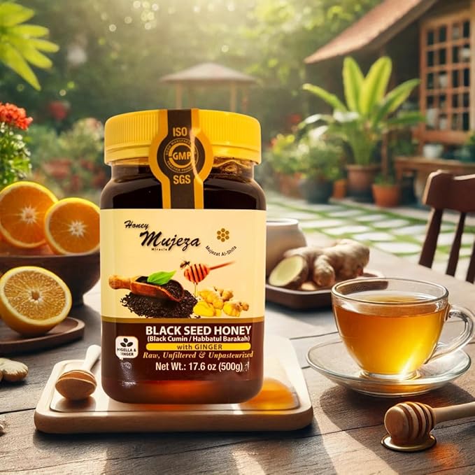 Black Seed Honey with Ginger - Not Mixed with Oil or Powder - Gluten Free - Non GMO - Immune Booster - 100% Natural Raw Honey 500g / 17.6oz