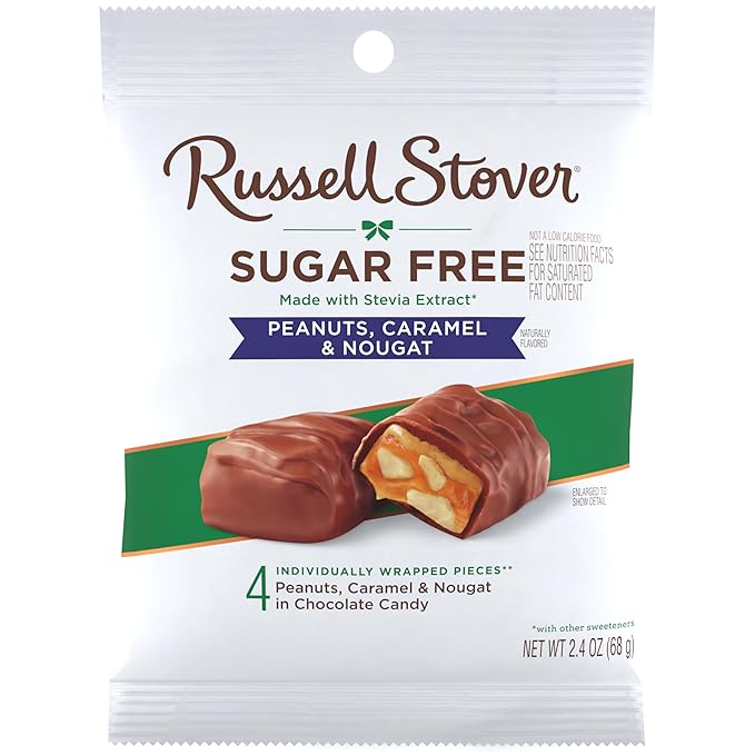 RUSSELL STOVER Sugar Free Peanut Caramel &amp Nougat Chocolate Candy 2.4 oz. bag (Pack of 10)
