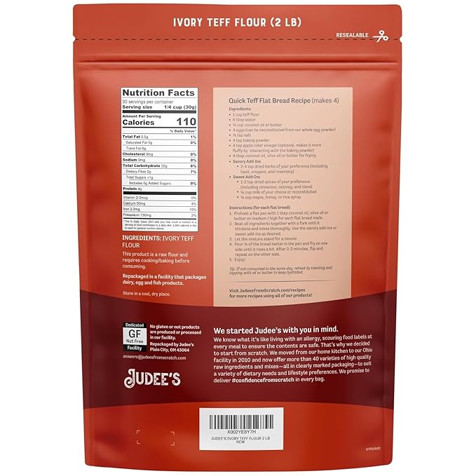 Judee's Ivory Teff Flour 2 lb - Non-GMO Vegan Made in USA - Resistant Starch - Great for Making Quick Teff Bread Injera Muffins Pancakes and Cookies - Gluten-Free and Nut-Free
