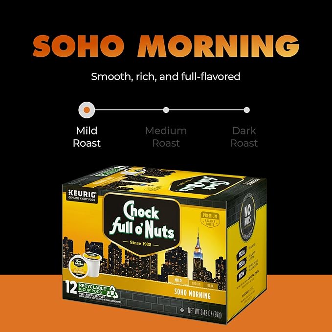 Chock Full o' Nuts Soho Morning Keurig K-Cup Pods for Keurig Brewers – Premium Arabica Mild Roast – Single Serve – 1 Pack of 12 K-Cup Pods