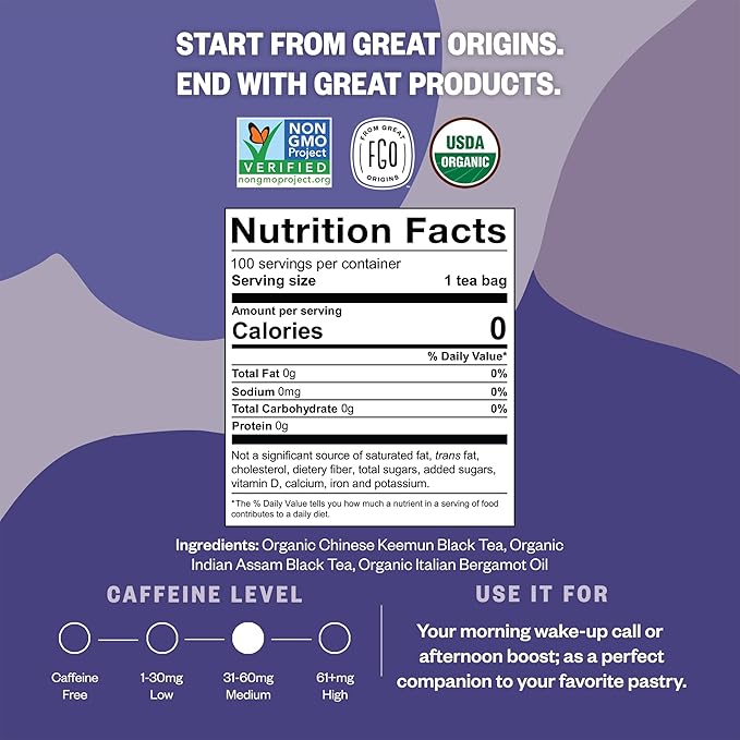 FGO Organic Earl Grey Black Tea 100 Count Eco-Conscious Tea Bags Resealable Bag Packaging May Vary (Pack of 1)