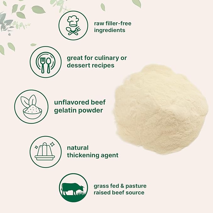 Beef Gelatin Powder 1lb | Premium Source from Grass-Fed &amp Pasture Raised Beef | Unflavored Thickening Agent for Cooking &amp Baking | Natural Protein &amp Collagen | Non-GMO Gluten Frees