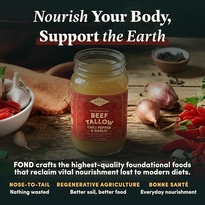 FOND Regenerative Grass-Fed Beef Tallow for Cooking – High Smoke Point Grass Fed Beef Tallow for Frying Sautéing &amp Roasting – Sustainably Sourced Seed Oil Free – Chili and Garlic 14oz (4-Pack)