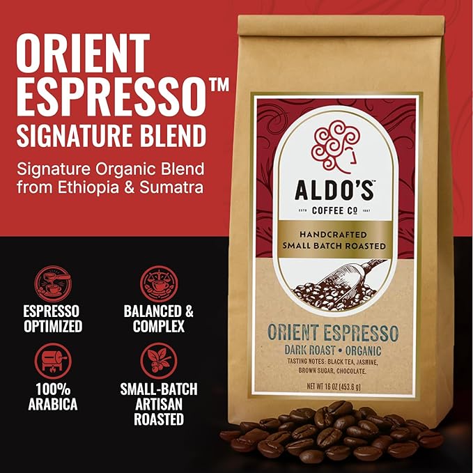 Aldo’s Coffee Co. Orient Espresso – Organic Dark Roast Coffee Signature Espresso Blend Small Batch Roasted Delivered Fresh 1 Pound (16 oz) (Coarse)