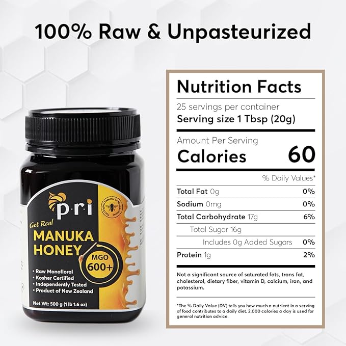 P.R.I Manuka Honey MGO 600+ High‑Potency Monofloral New Zealand Honey Cool‑Processed &amp QR‑Traceable (500g/1.1lb)