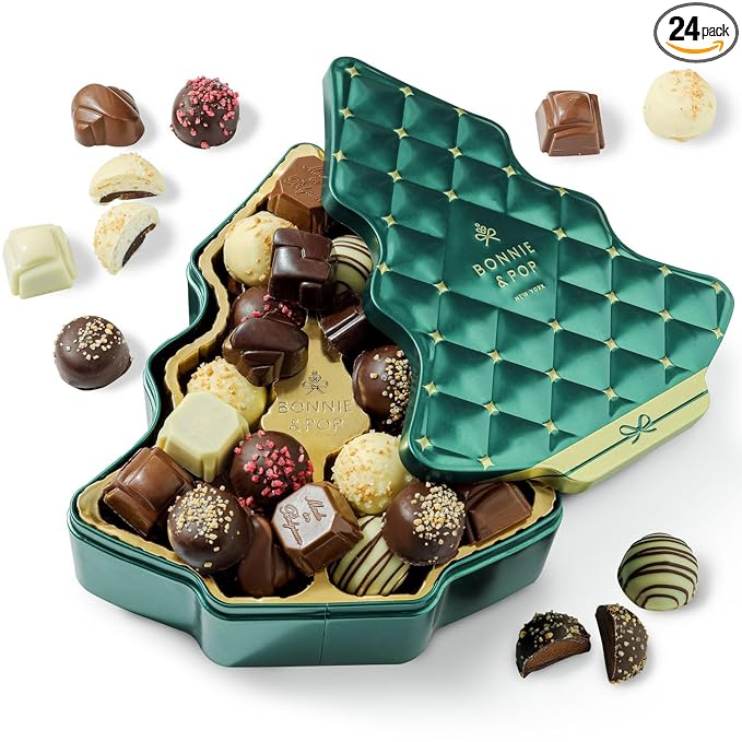 Christmas Chocolate Gift Basket Christmas Tree Shaped Tin with Assorted Truffles Holiday Stocking Stuffer Present Festive Corporate Family Gift Tin Idea for Men and Women Bonnie and Pop