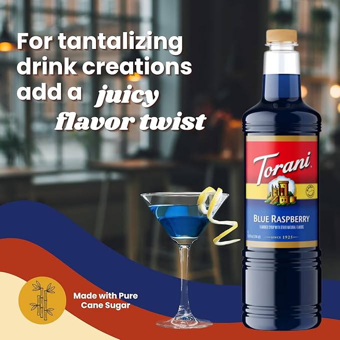 Torani Blue Raspberry Syrup 1 Liter Bottle with Pump Dispenser – Flavored Syrup with Pure Cane Sugar &amp Natural Ingredients – Perfect for Snow Cones Shakes Cocktails &amp Desserts